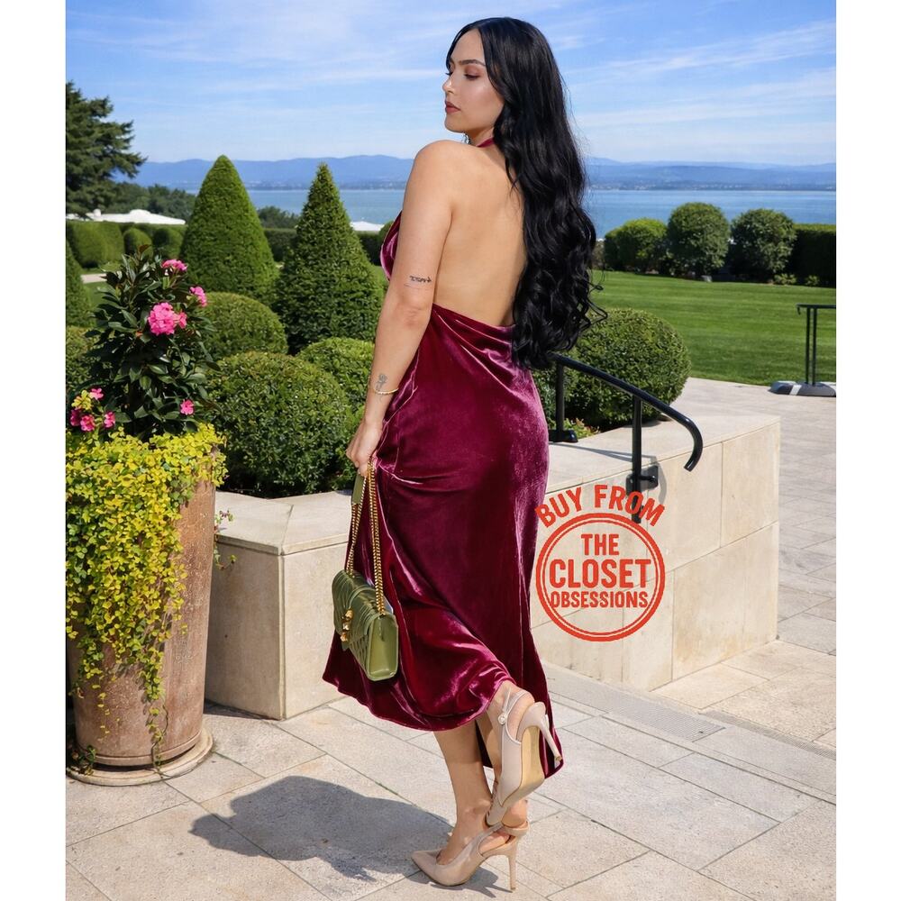 Zara NWT Raspberry Velvet Halter Open Back Maxi Dress M - Picture 3 of 16